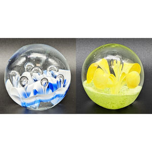 Pair of Italian Art Glass Paperweights One is Signed M Cellini Yellow and Blue